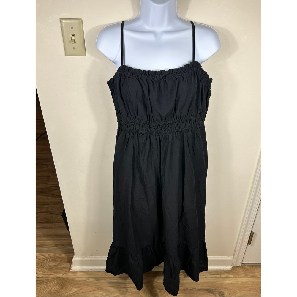 Dizzy Lizzy Milkmaid Midi Dress XL Black Smocked Poplin Ruffle Hem Cottagecore
